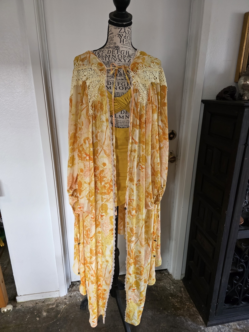 Free People Yellow Floral Lace Trim Duster Kimono